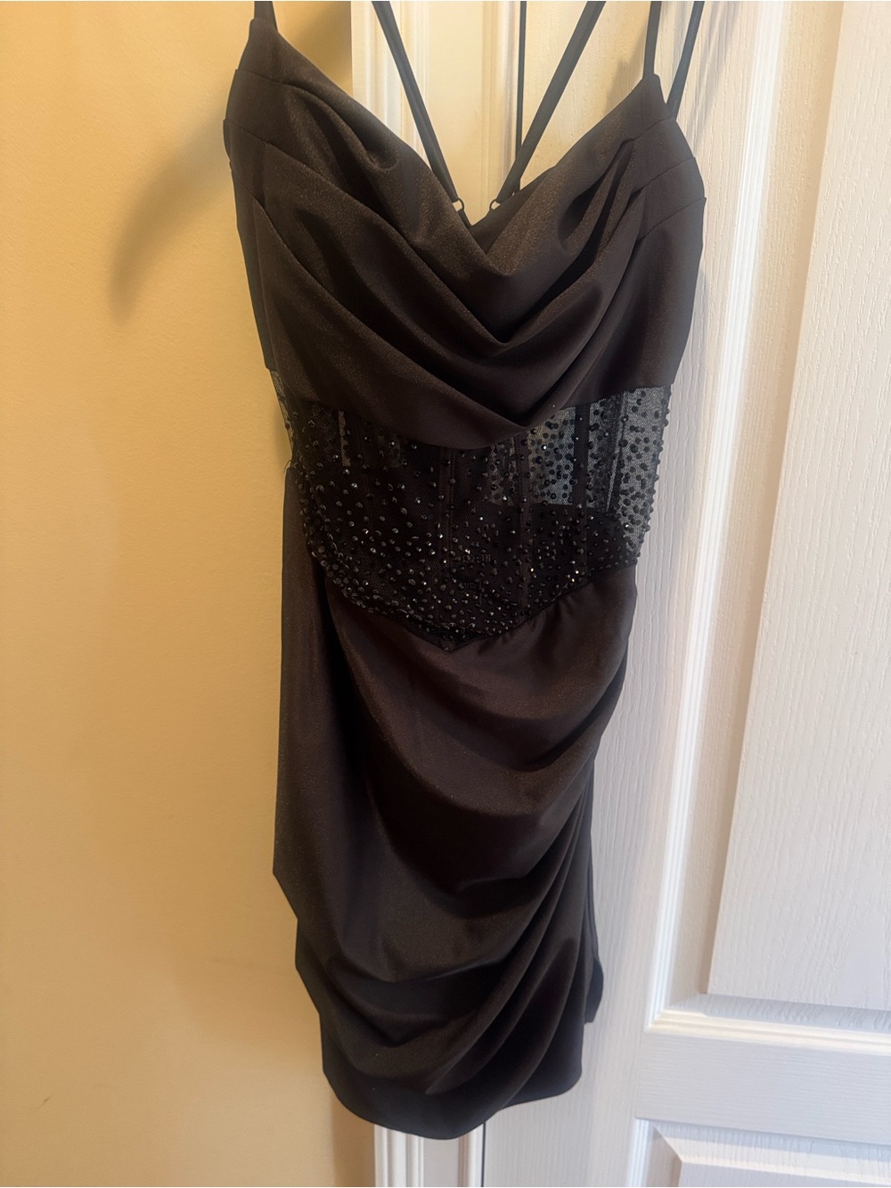 Black Beaded Mini Dress with Draped Bodice - Women